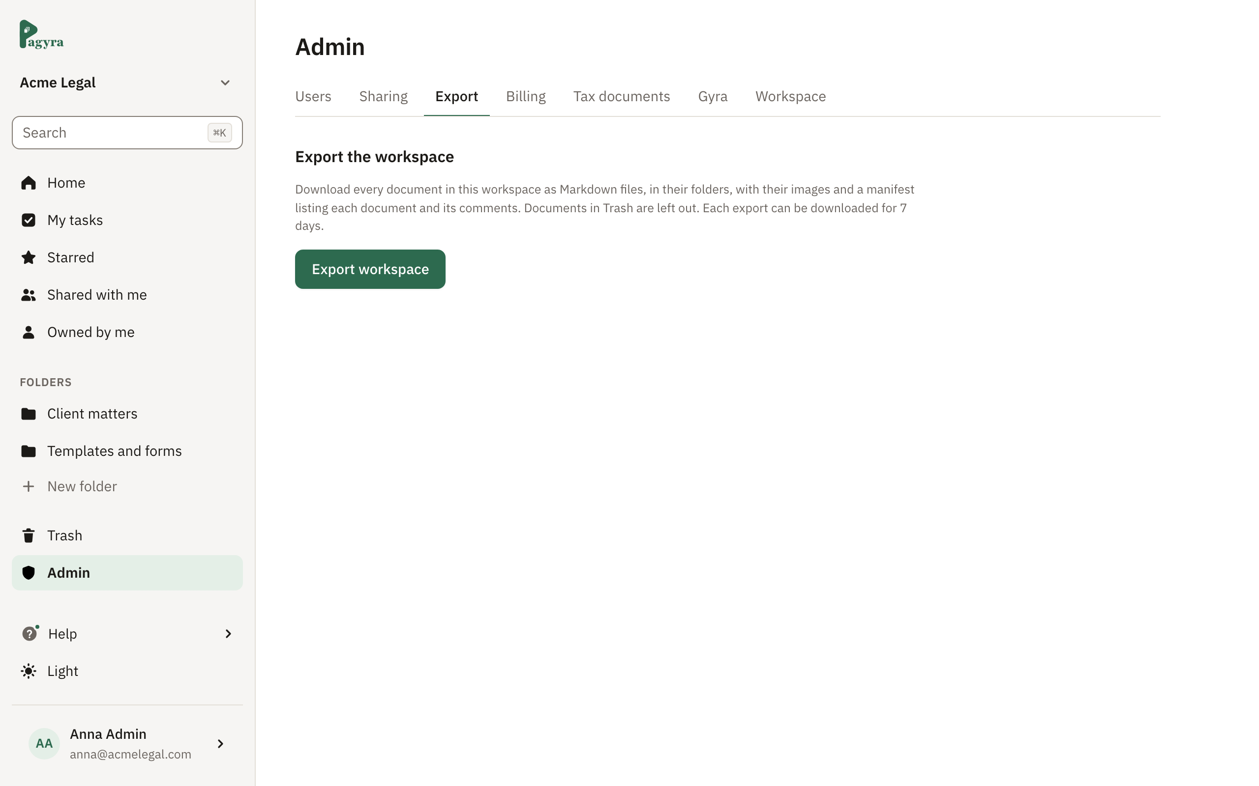 Admin, Export: Export workspace downloads every document as Markdown