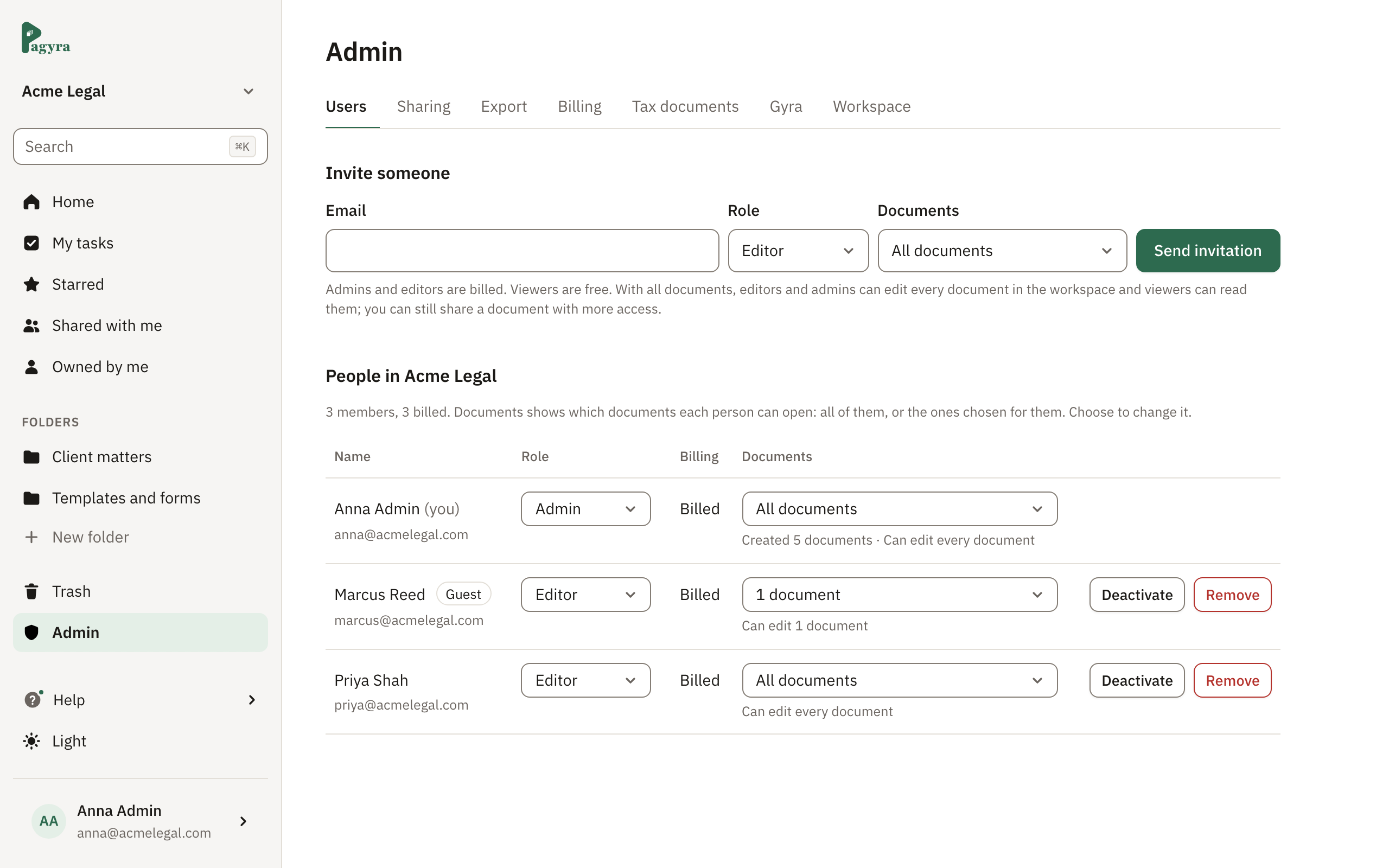 Admin, Users: inviting someone with a role, and each member’s role, billing and which documents they can open, with one marked Guest