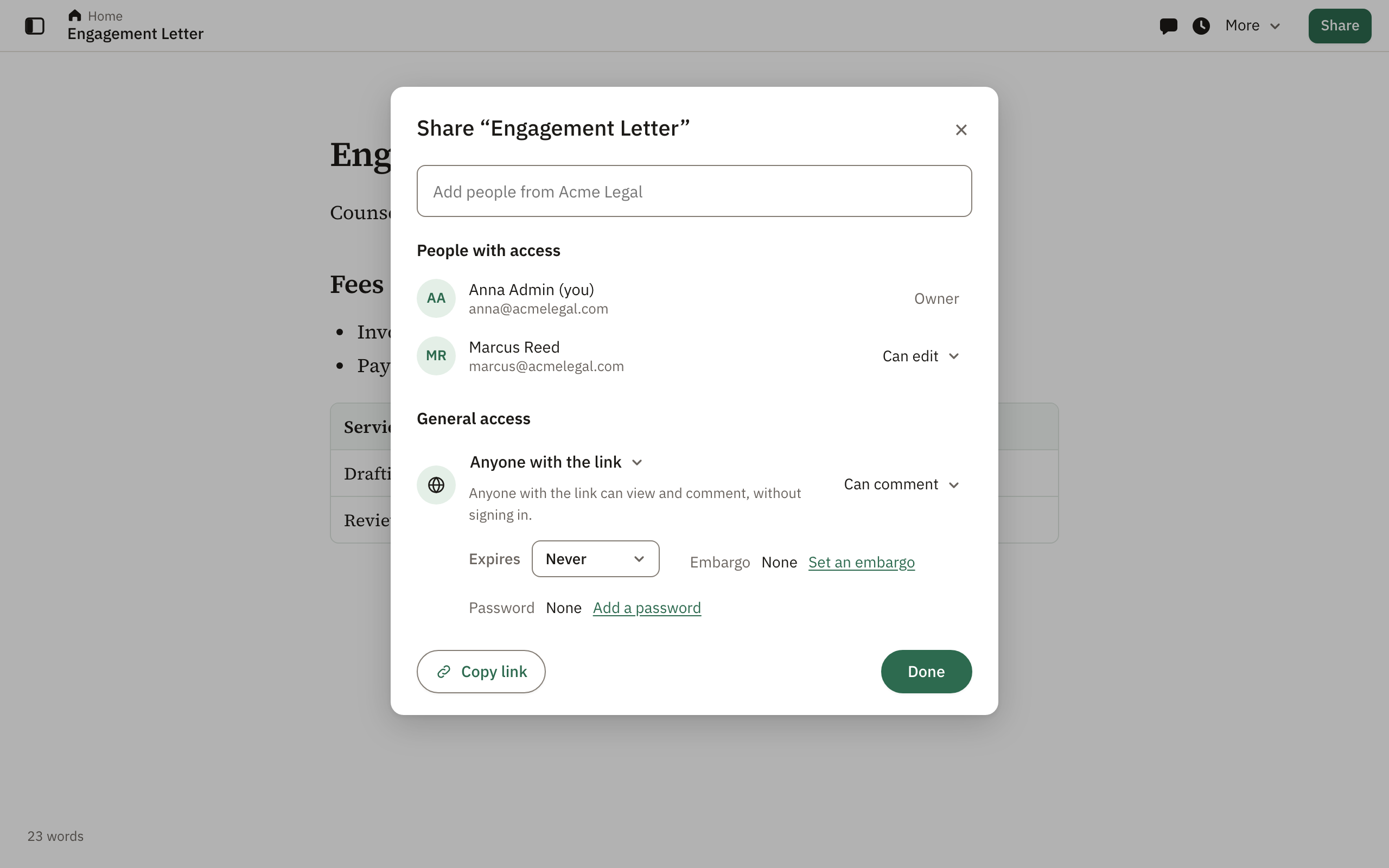 The Share dialog: people with access, and a link anyone can use to view and comment