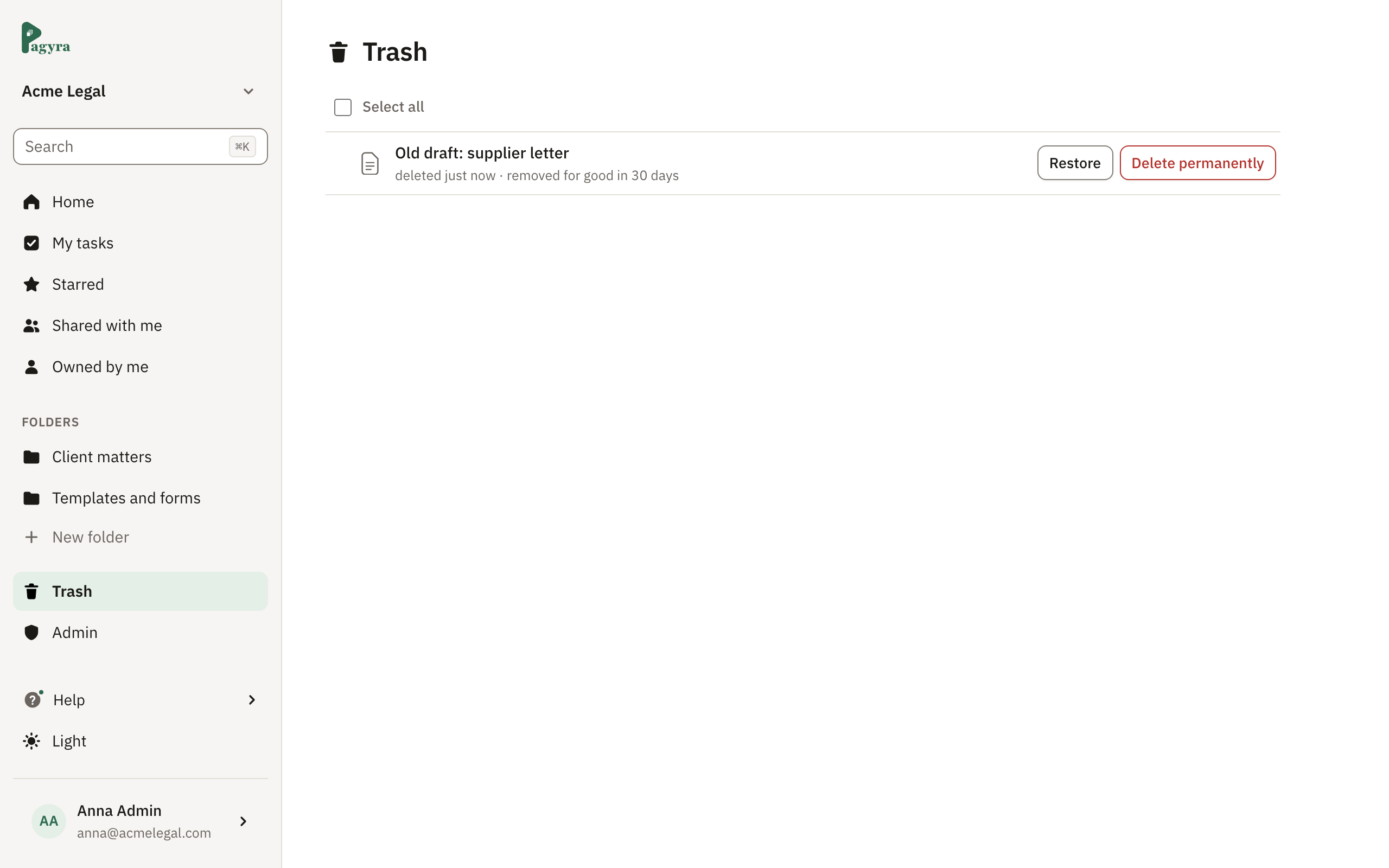 Trash, with a deleted document that can be restored or deleted permanently