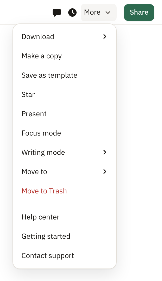 The More menu in a document, with Make a copy, Save as template, Present, Writing mode, Move to and Move to Trash
